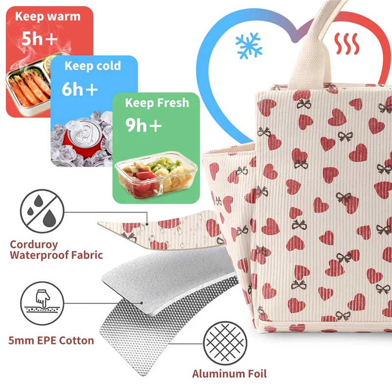 Corduroy Lunch Bag Thermal Insulation Lunch Box Storage Handbag Multifunctional Kid School Cooler Bag Picnic Foodpouch