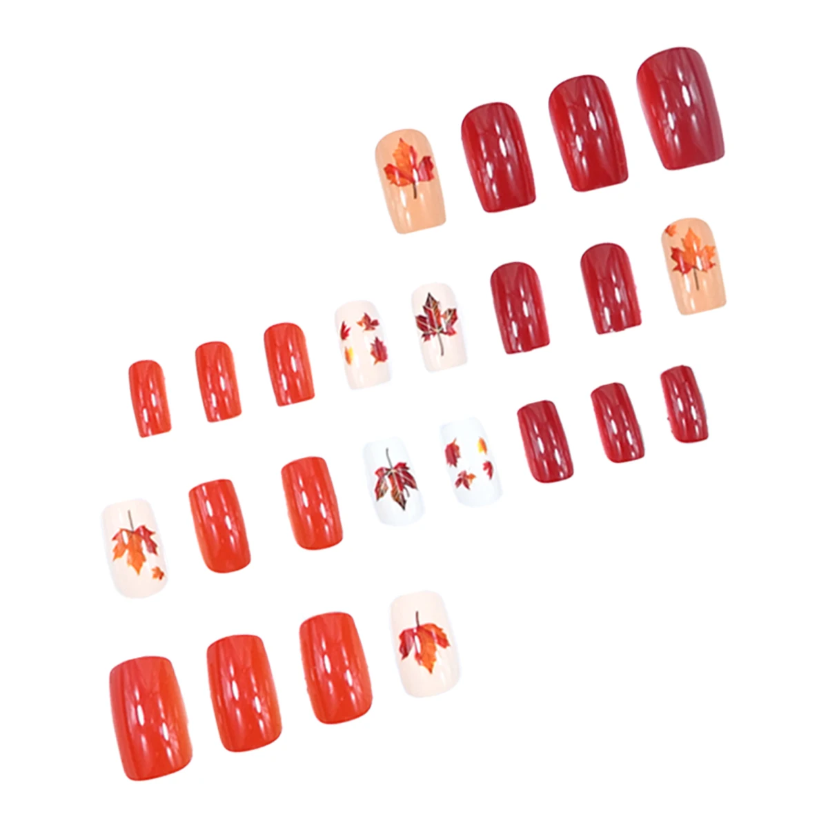 Ein komplettes Set mit 24 kurzen, quadratischen Kunstnägeln im Herbst-Winter-Stil mit orange-rotem Ahornblatt-Design, einschließlich 1 Gelee gl – Detail 3