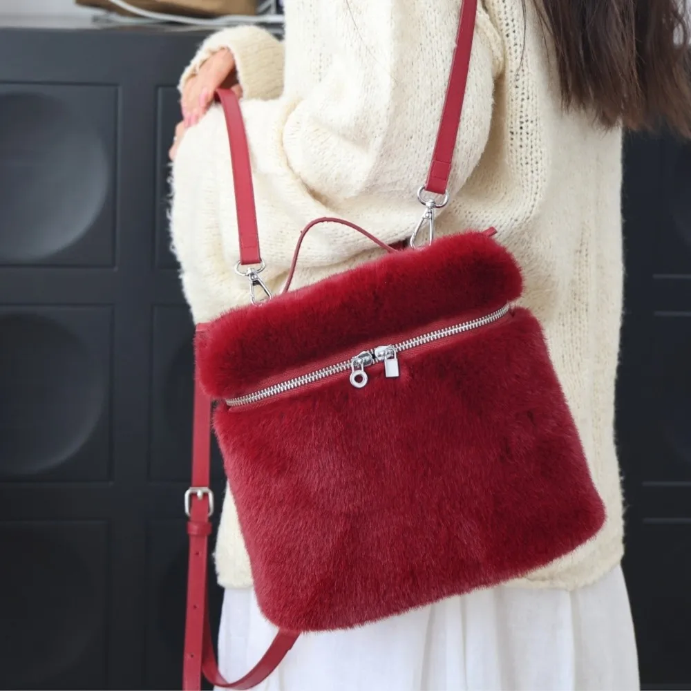 

2025 Winter Women's Soft Fluffy Top Solid Zipper Handle Bag Korean-Japanese Sweet Kawaii Faux Mink Fur Plush Backpack Packbag