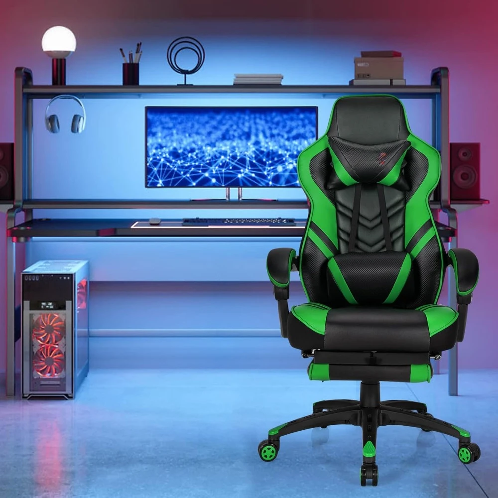 Ergonomic Gaming Chair with Retractable Footrest, Lumbar Support and Headrest. Racing Style High Back Reclining Gaming Chair