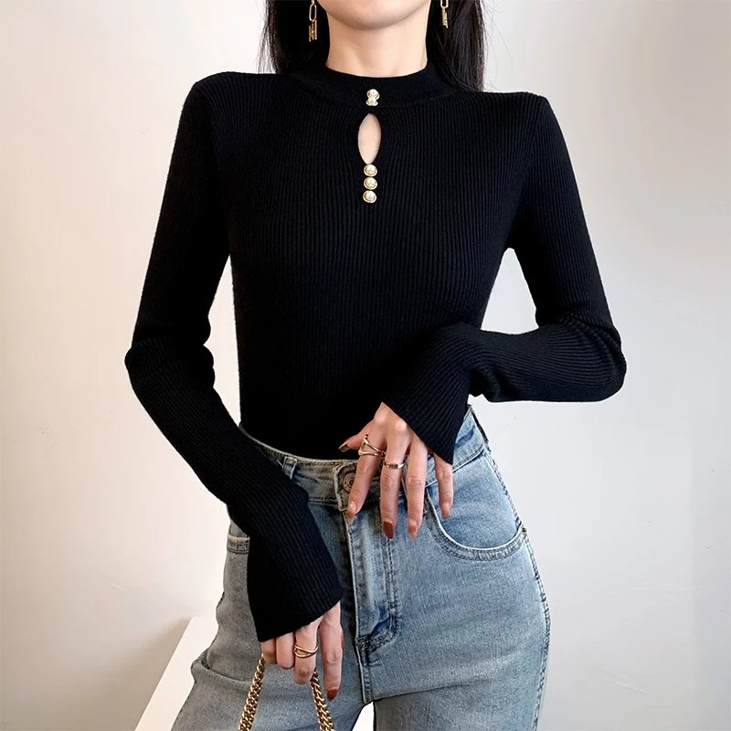 

Bla f-High Collar Long Sve Base irt Women's Autumn Winter Inner Wear Slimming Hollow out Knitwear Faionable Commu...