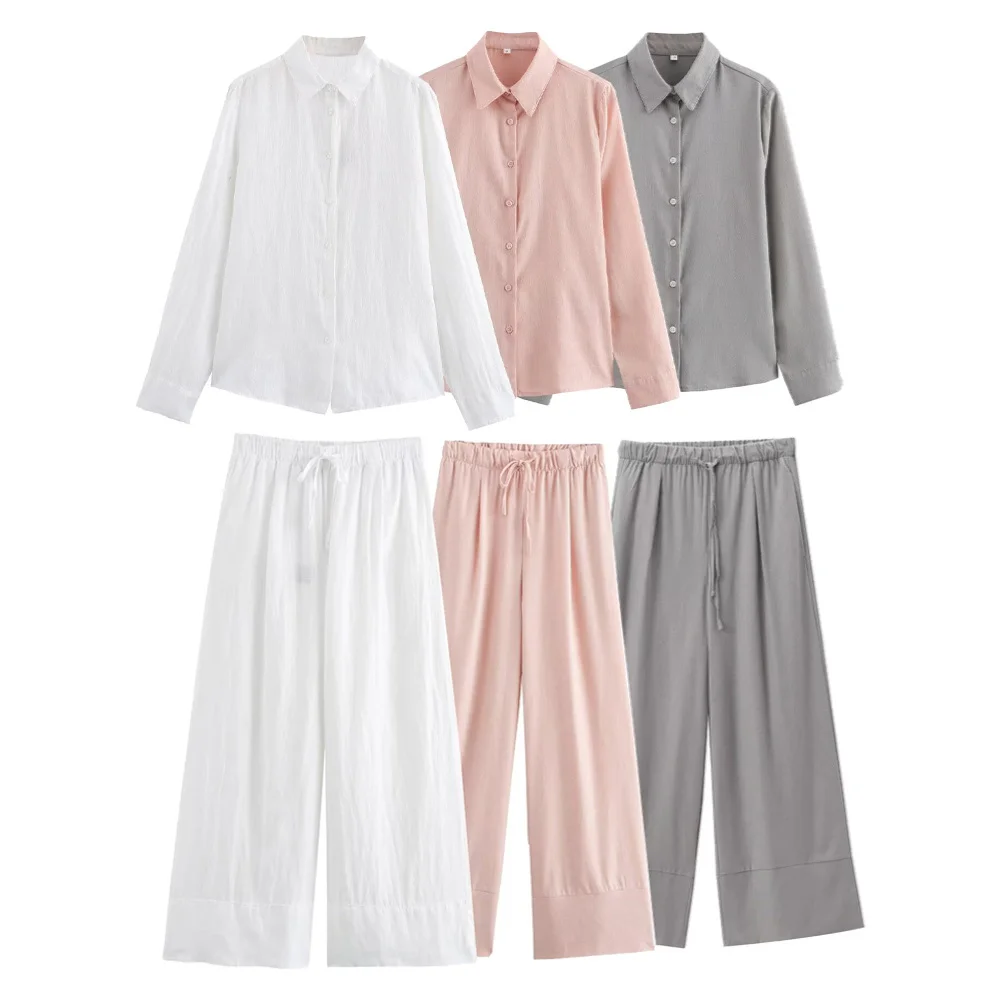 Taop&Za 2024 Summer New Product Women\'s Fashion Casual Polo Collar Long sleeved Linen Shirt High Waist Wide Leg Pants Set