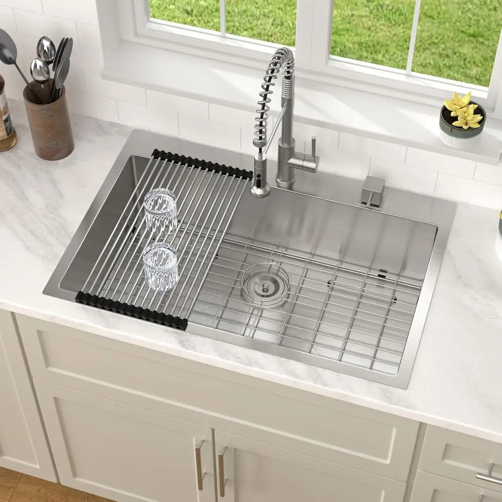 33x22 Drop In Kitchen Sink 16 gauge Stainless Steel Sink Topmount Single Bowl Above Counter Overmount Basin, Round 33x22x9