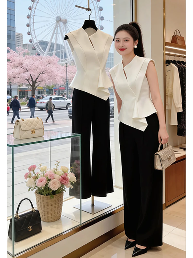 

Breathable Pure Color Korean Style Shirt Summer Slim Fit Sleeveless Design Sense Crew Neck Pullover Top for Women