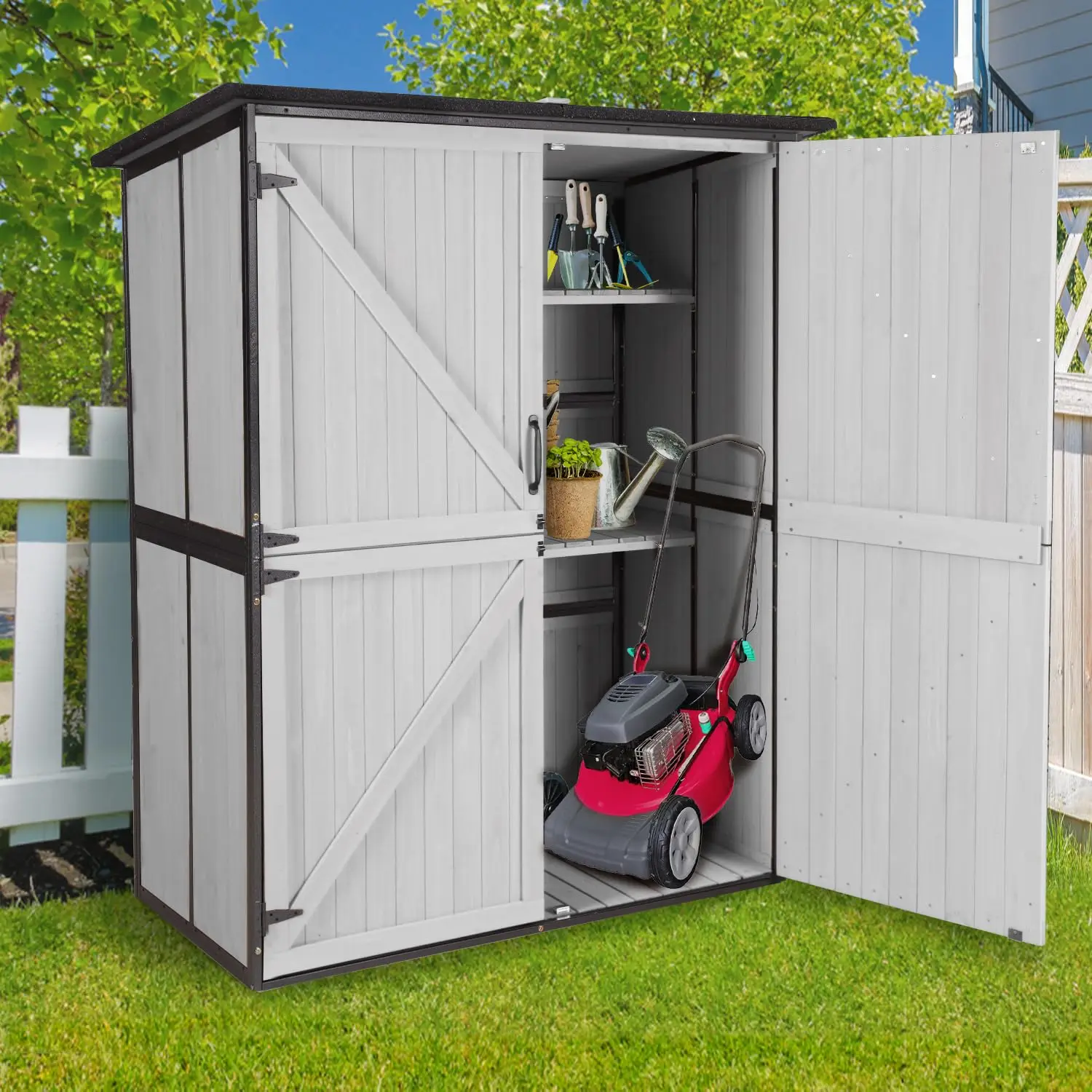 

Outdoor Storage Cabinet with Adjustable Shelves, Large Metal Frame Garden Shed for Bike & Tool Storage, Lockable, Customized