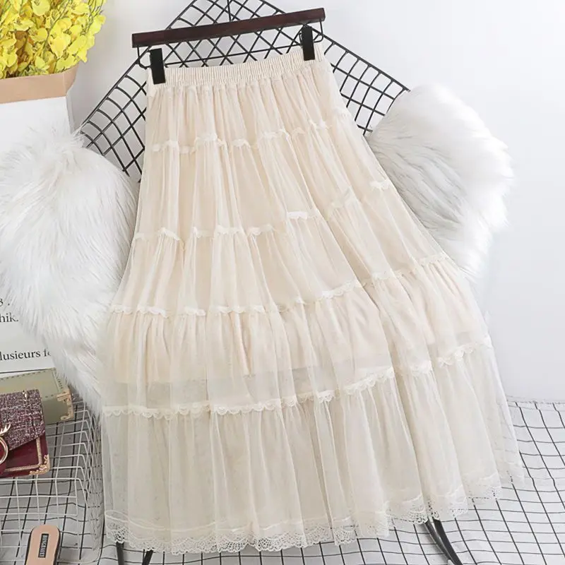 

Spring Summer 2025 Women's High Waist Midi Skirt Layered Tulle Lace Cake Skirt Full A-Line f Body Skirt Korean Sle