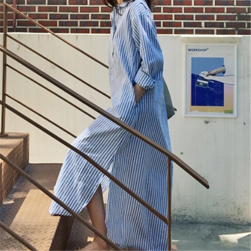 TFETTERS 女性の夏のロングドレス長袖ブルーストライプデザインシャツ襟芸術的なスタイルの女性マキシドレス