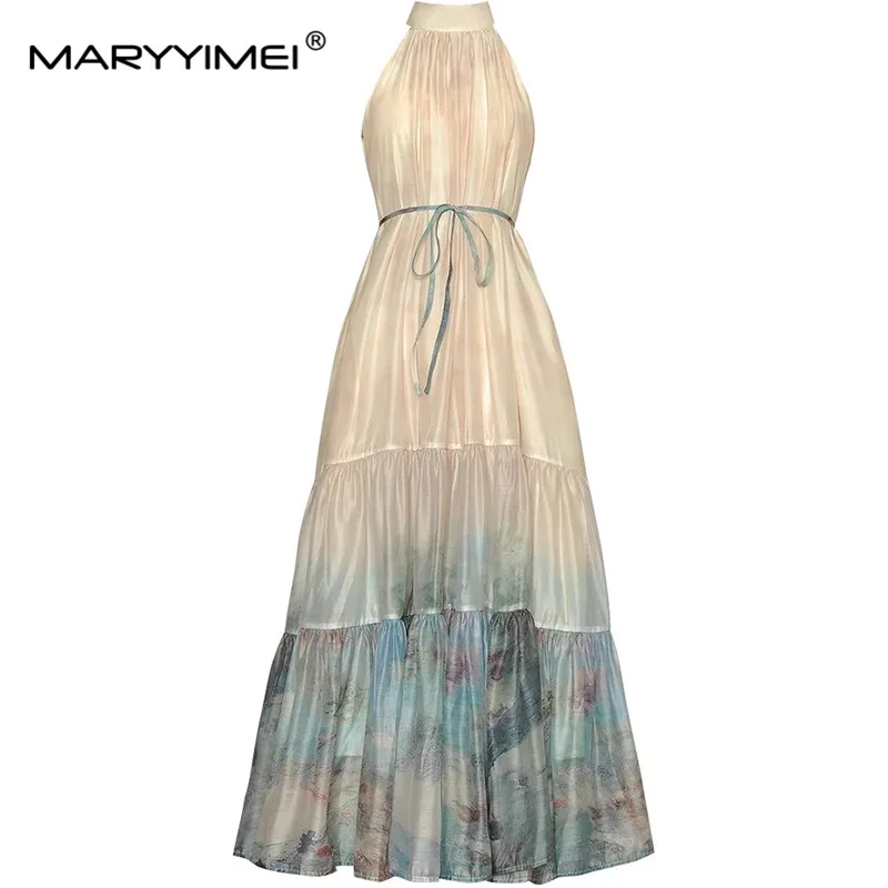 

MARYYIMEI Fashion Designer Spring Summer Women's Halter Sleeveless Lace-UP Print Dress Beach Style Ivory White Elegant Dresses