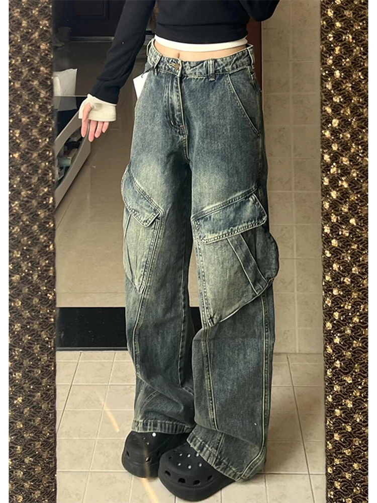 

Retro Blue Workwear Jeans Men's Large Pocket American Washed Vintage Pants Drape Loose Straight Leg Wide Leg Trousers