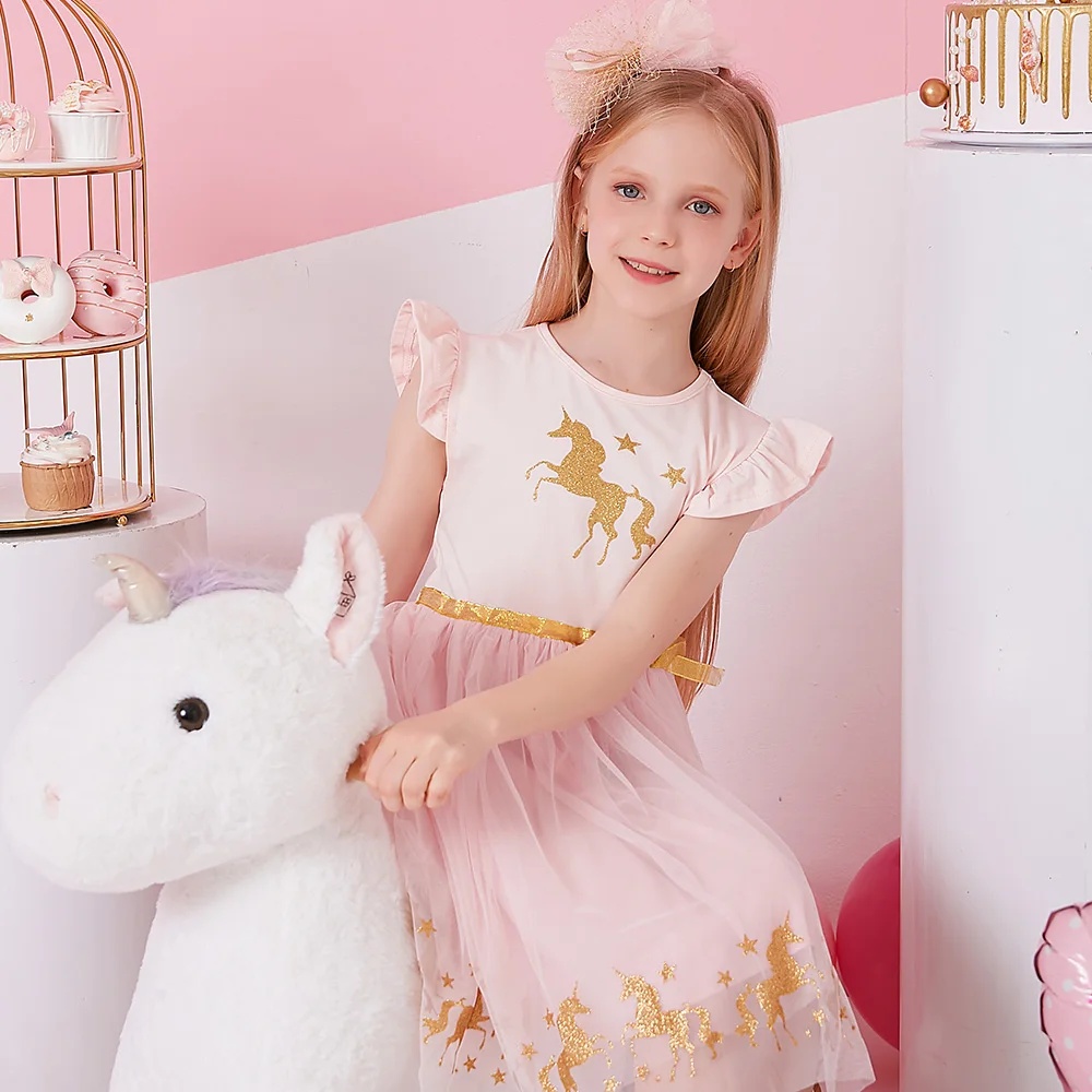 VIKITA Kids Summer Flare Sleeve Dress Girls Licorne Cartoon Print Pink Dresses Girls Birthday Party Princess Mesh Tulle Vestidos