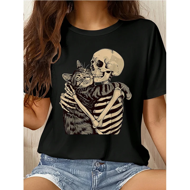 Mulheres tripulação pescoço manga curta camiseta gótico vintage y2k camisetas topos halloween crânio e gato impressão preto t camisa casual confortável