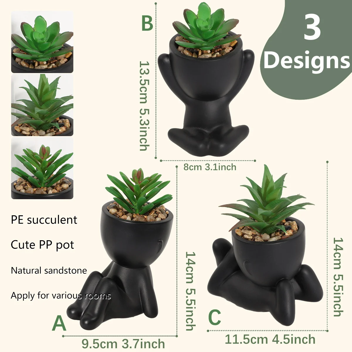 3pcs/set Artificial Aloe Vera Succulent Cartoon Pot Plant Fake Succulent Black PE Material Artificial Plants Home Decoration