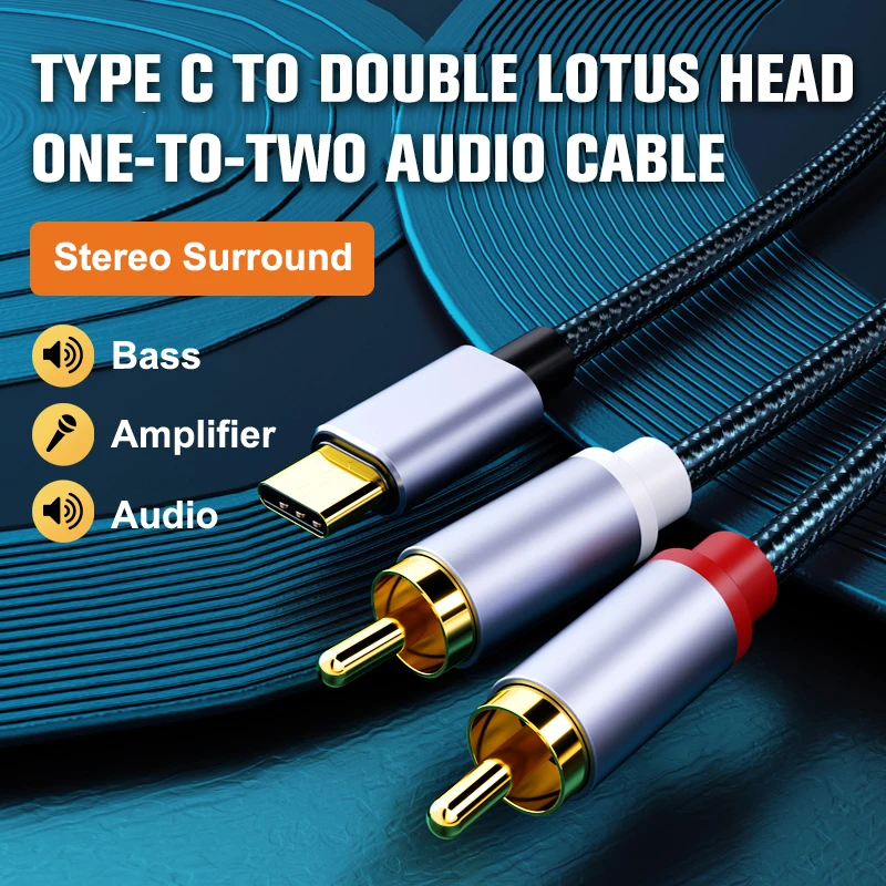 Cable de Audio tipo C a RCA, convertidor de Cable auxiliar 2 RCA, línea de Audio USB C para amplificador de altavoz de teléfono móvil, potencia de Audio