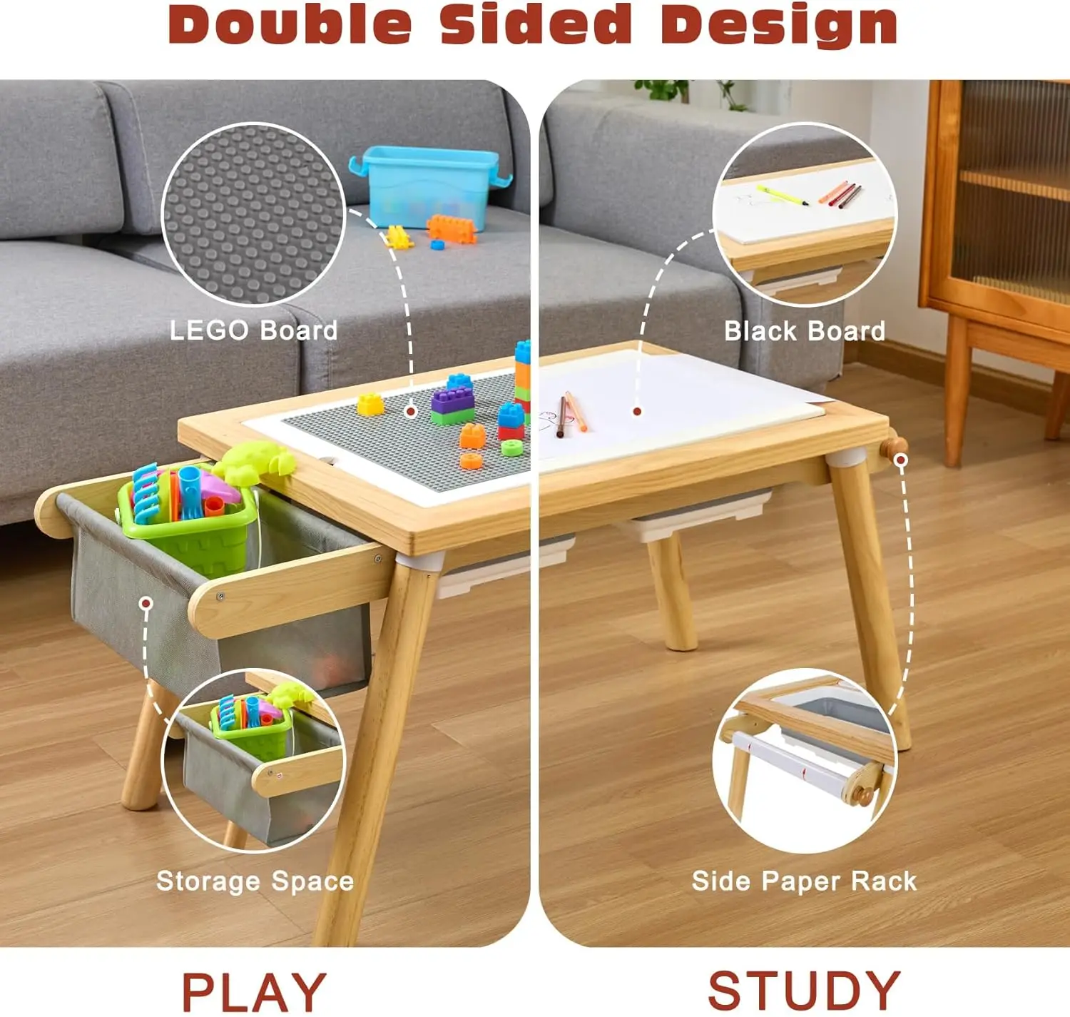 Table for Toddlers, Kids Table with 3 Toys Storage Space and Paper Rack for Play and Study, Toddler Lego Table