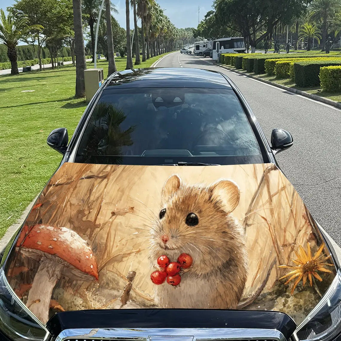 

Cute Mouse in Autumn Scene PVC Car Engine Hood Vinyl Wraps, Self-Adhesive Waterproof Car Hood Decal Sticker, Car Decoration Prot