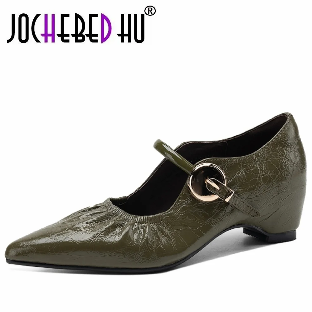JOCHEBED HUWomen's Handmade Genuine Leather Pointed Toe Mid Heel Versatile Breathable Soft and Comfortable Shoes 33-40