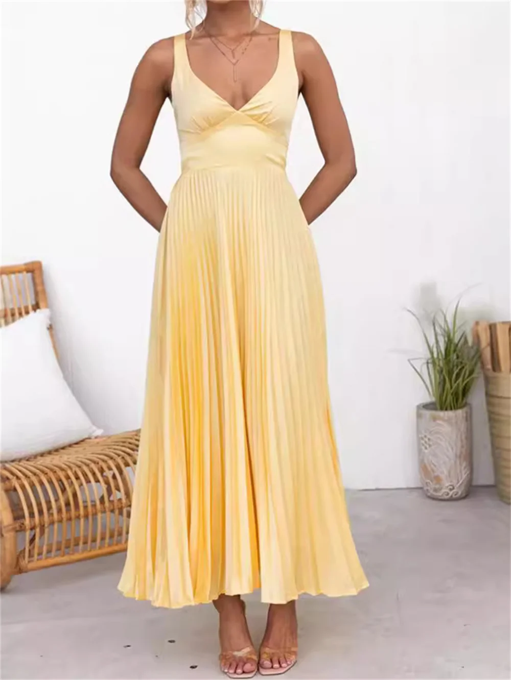 Elegant Yellow Satin Sling Draped Long Dress for Women 2024 Summer Deep V Neck Backless A-line Draped Evening Party Club Dresses