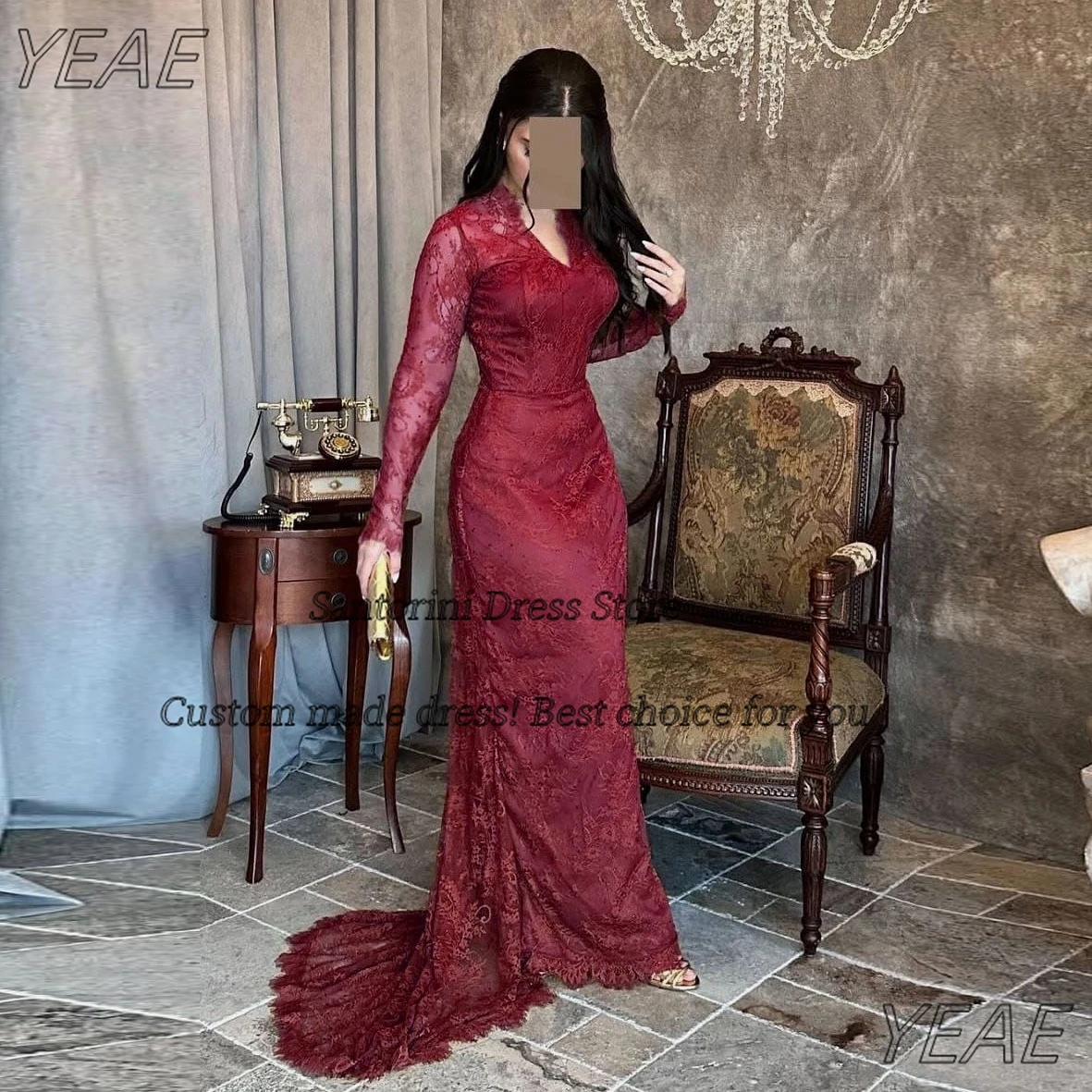 

Santorini Full Lace Prom Dresses V Neck Long Sleeves Evening Dress for Saudi Women Sweep Train Wedding Party Gowns Customized