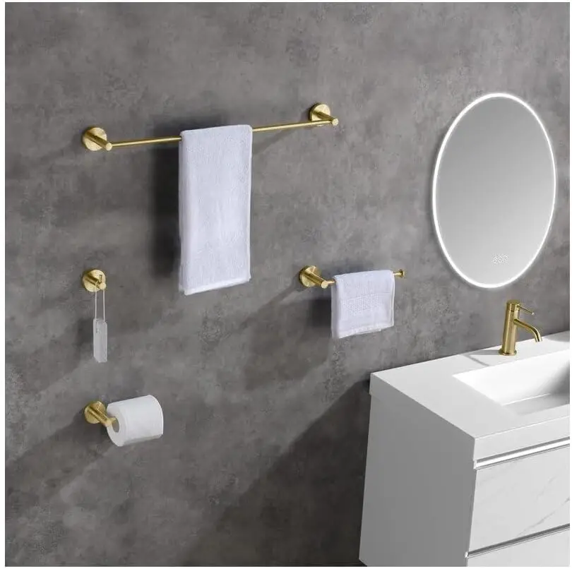 Circular 5-Piece Bathroom Hardware Set, Brushed Gold | Includes Towel Bar, Towel Ring, Toilet Paper Holder, and Robe Hooks