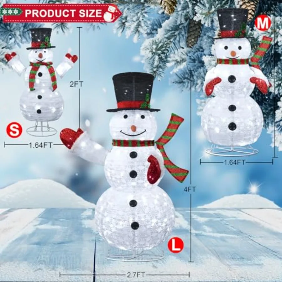 Outdoor Christmas Snowman Decorations Set: 3D Lighted, Collapsible, White PVC with Warm White LEDs, 4FT+3FT+2FT Pre-lit Snowman