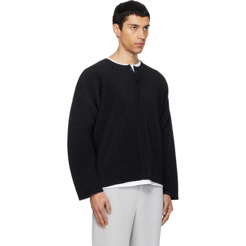 Miyake Pleated Men's Henley Neck Long Sleeve T Shirt Japanese Style Plisse Casual Top Loose Fit Minimalist Streetwear Fashion