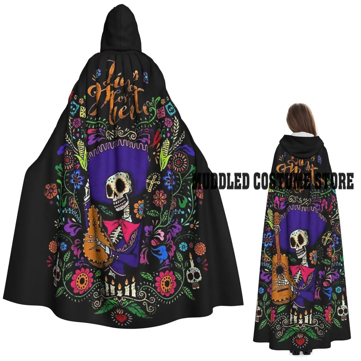 

Mexican Sugar Skulls And Flowers Long Hooded Cloak Witch Medieval Costume Cosplay Cape HalloweenVampire Adult Unisex