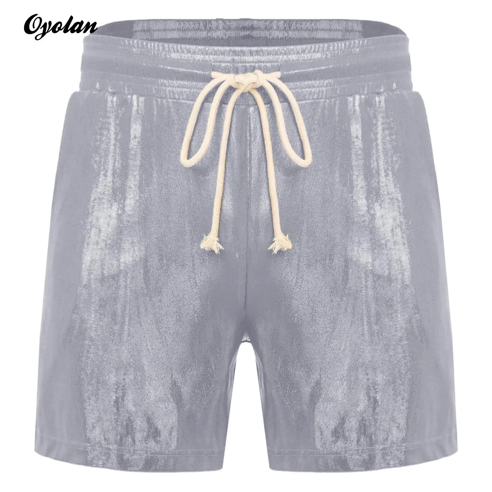 Mens Metallic Male Swimming Trunks Beachwear Glossy Shimmering Shorts Elastic Waistband with Drawstring Pockets Loose Shorts
