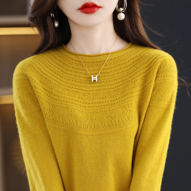 Round Necked Hollowed Out Wool Sweater Women\'s AutumnWinter Long Sleeved Solid Color Warm Pullover100%Merino Wool Jumper KnitTop