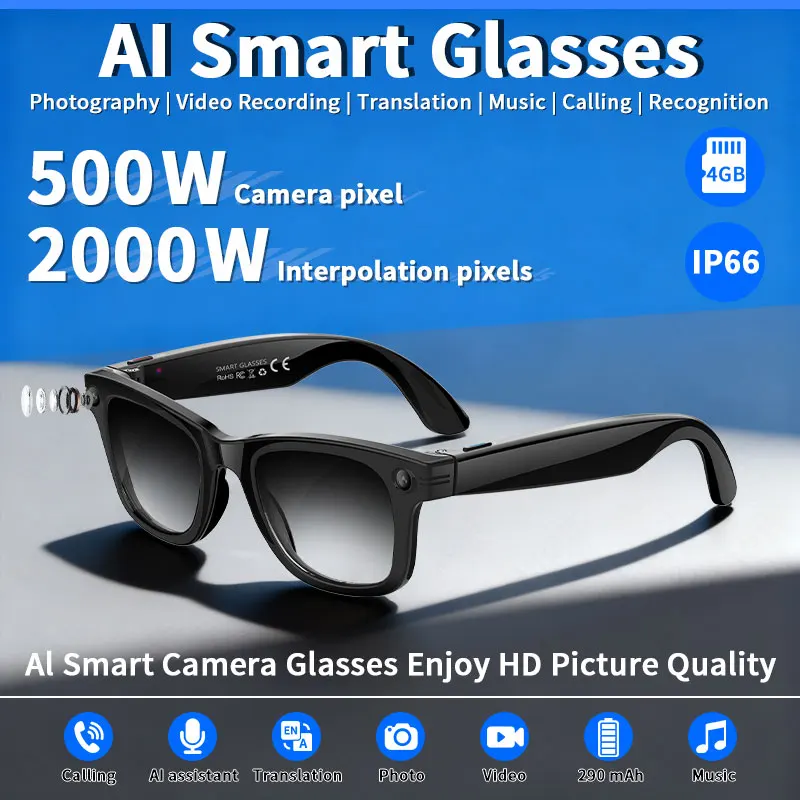 

LIGE New 500W Piexls Camera AI Translation Smart Glasses WIFI Transfer Video Picture 290mAh Waterproof BT Call Smart Sunglasses