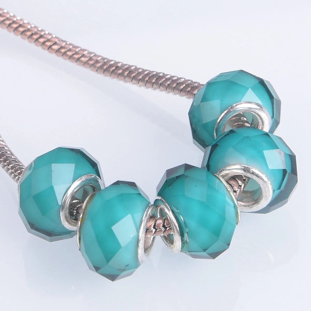 

5pcs 14mm Peacock Green Rondelle Faceted Handmade Lampwork Glass European Charms Loose Big Hole Beads For Jewelry Making