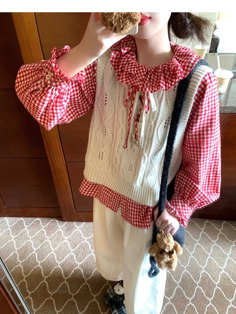 

Женская свободная рубашка Fufufun Original Design с длинным рукавом, красная, в клетку, с двойным слоем флиса, оборками и бантом, из хлопка