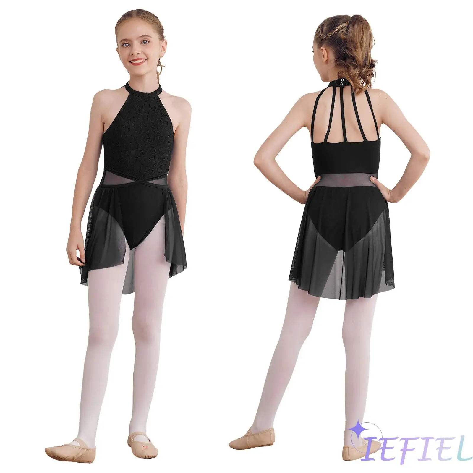 

Girls Lyrical Ballet Modern Dance Dress Figure Ice Skating Dress Gymnastics Leoatrd Floral Lace Splice Figure Skating Costume