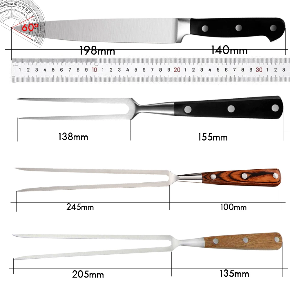 RZD Stainless Steel Carving Knife Fork Set Brisket Slicing Knife Meat Cutting Teppanyaki Japanese Korea BBQ Resturant Chefs Tool