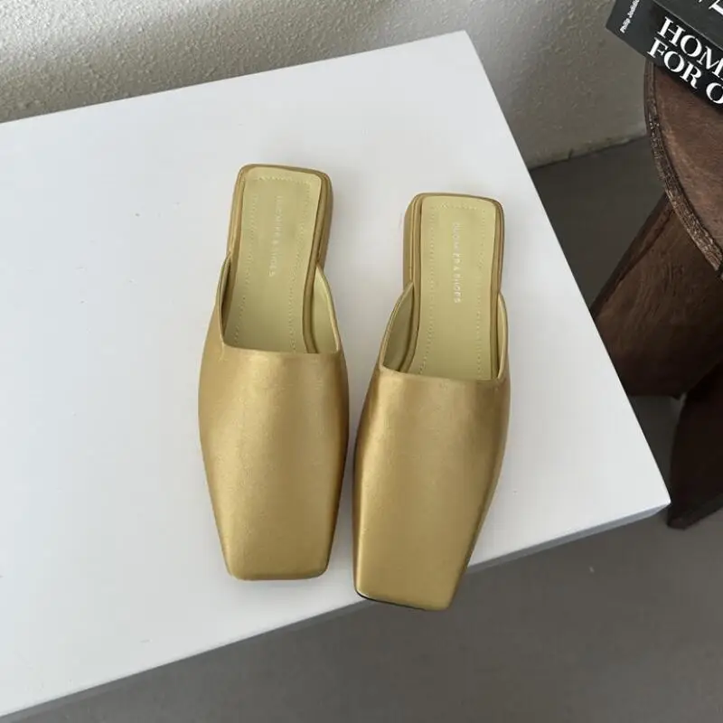 Square Toe Mules Slippers Women 2024 Spring New Golden Fashion Slip On Shoes Ladies OL Flat Heel Outdoor Sandal Slides Mujer