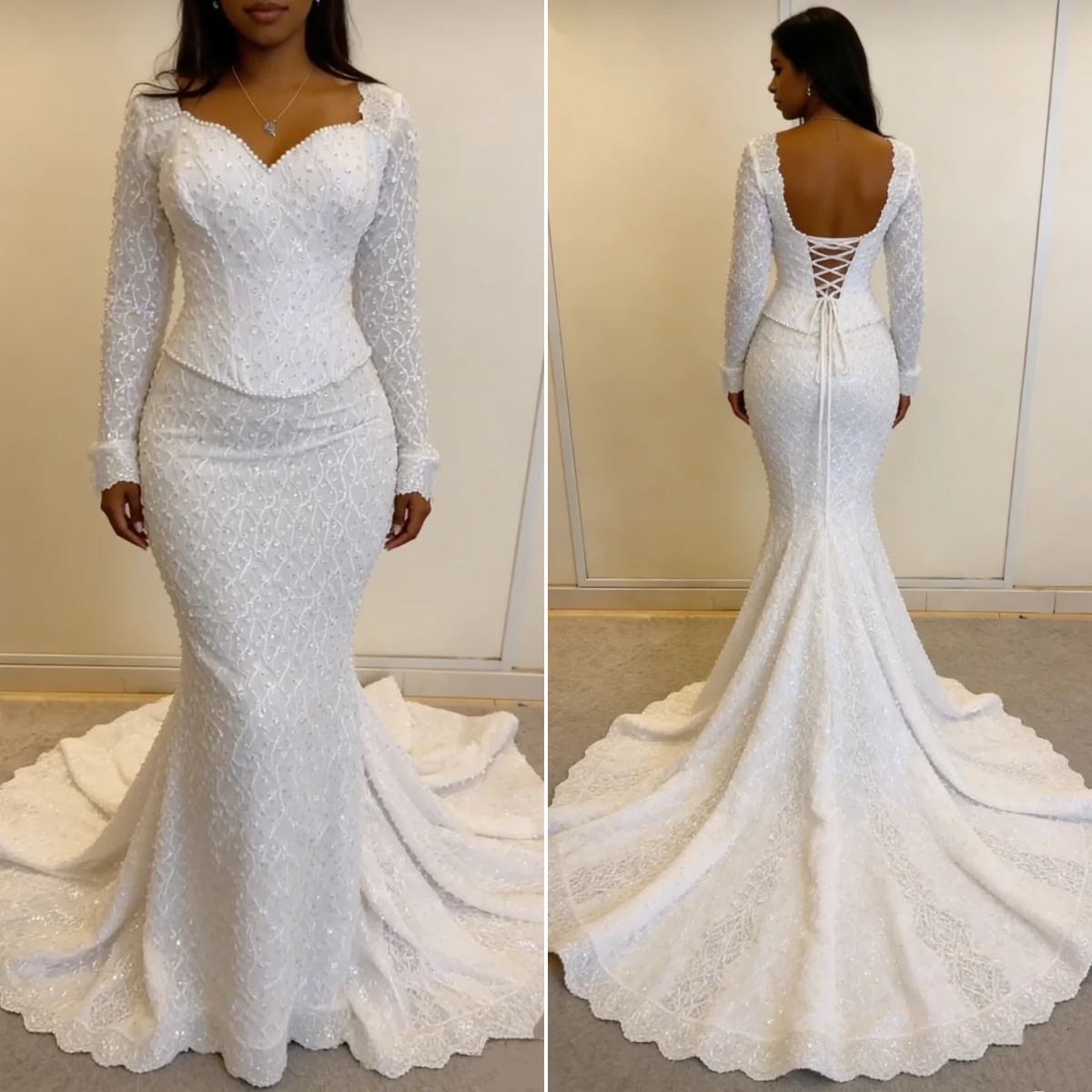 

Custom Luxury Long Sleeve Lace Up Beaded Pearl Mermaid Wedding Dress 2026 Cathedral Train Bridal Gown Plus Size Vestido De Novia