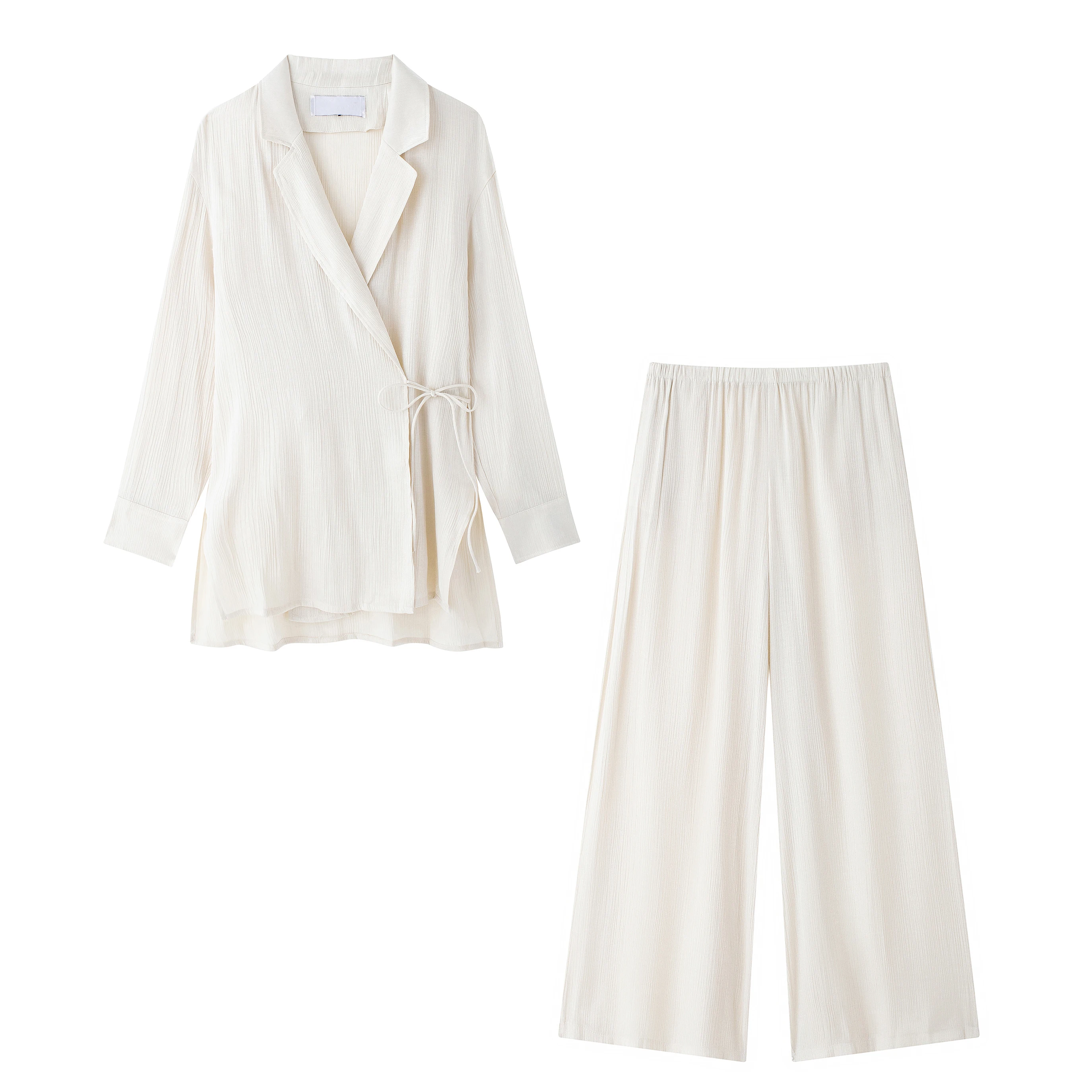 2024 Blazer lucido stropicciato Office Lady Set risvolto Lace Up vita camicia a maniche lunghe + pantaloni 2 pezzi Set bianco Casual donna abiti