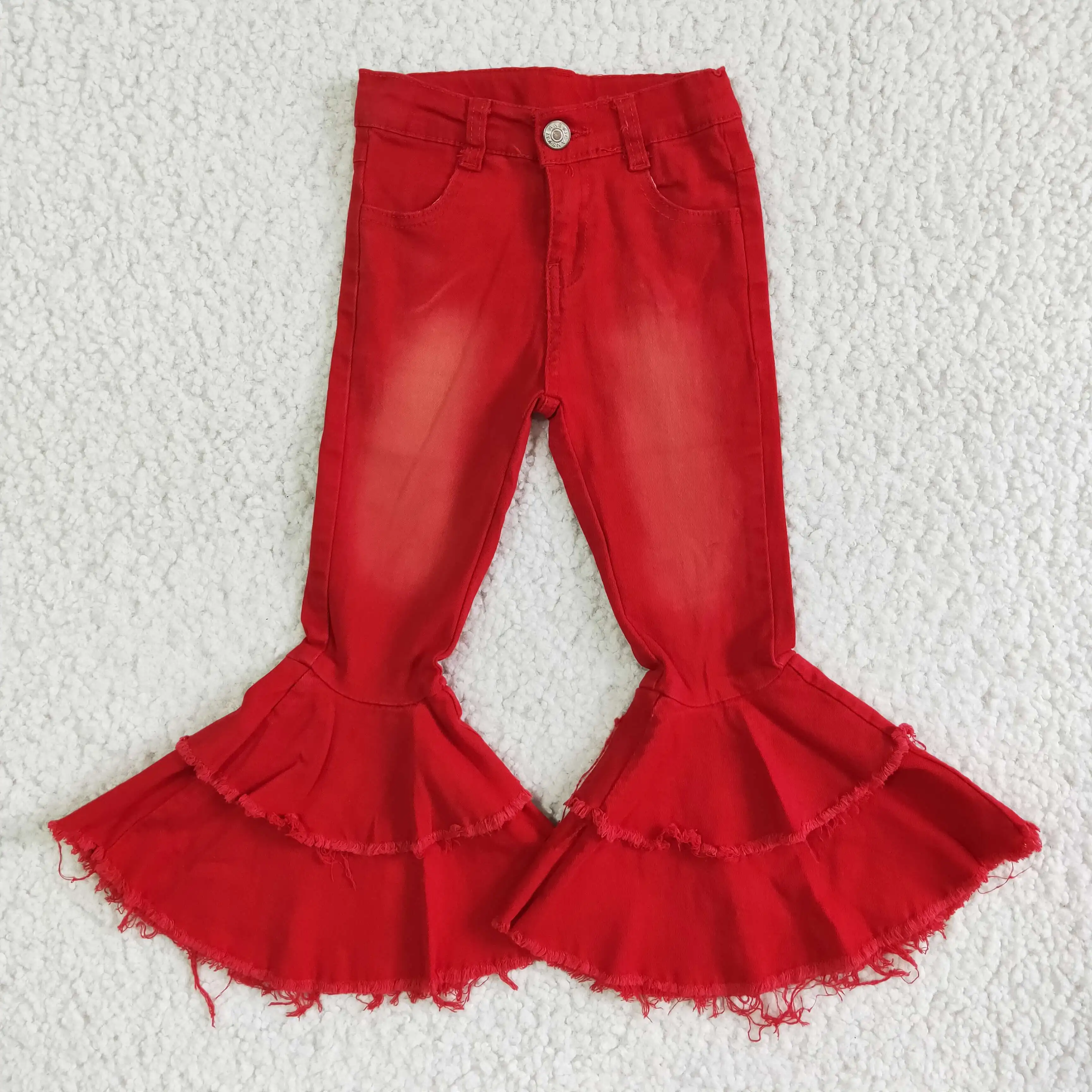 

Baby Girl Red Double Ruffle Denim Clothes Wholesale Toddler Fashion Bleach Bell Pants Kids Garments Spring Children Wash Jeans