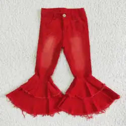 Baby Girl Red Double Ruffle Denim Clothes Wholesale Toddler Fashion Bleach Bell Pants Kids Garments Spring Children Wash Jeans