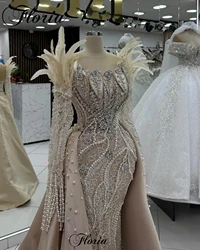 Luxury Two Pieces Evening Dresses With Detachable Train Sheer Neck Long Sleeves Celebrity Dresses Robes De Soirée Customized