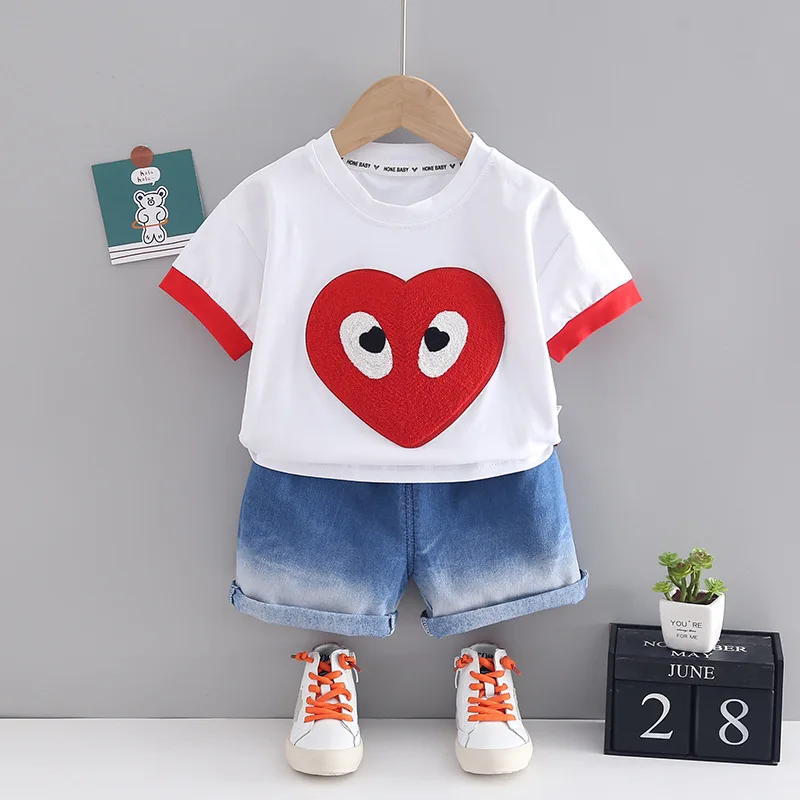 

Baby Boy Summer Clothes 2022 Sets Fashion Love Heart Pullover Short Sleeve T-shirts Tops and Denim Shorts Infant Girl Outfits