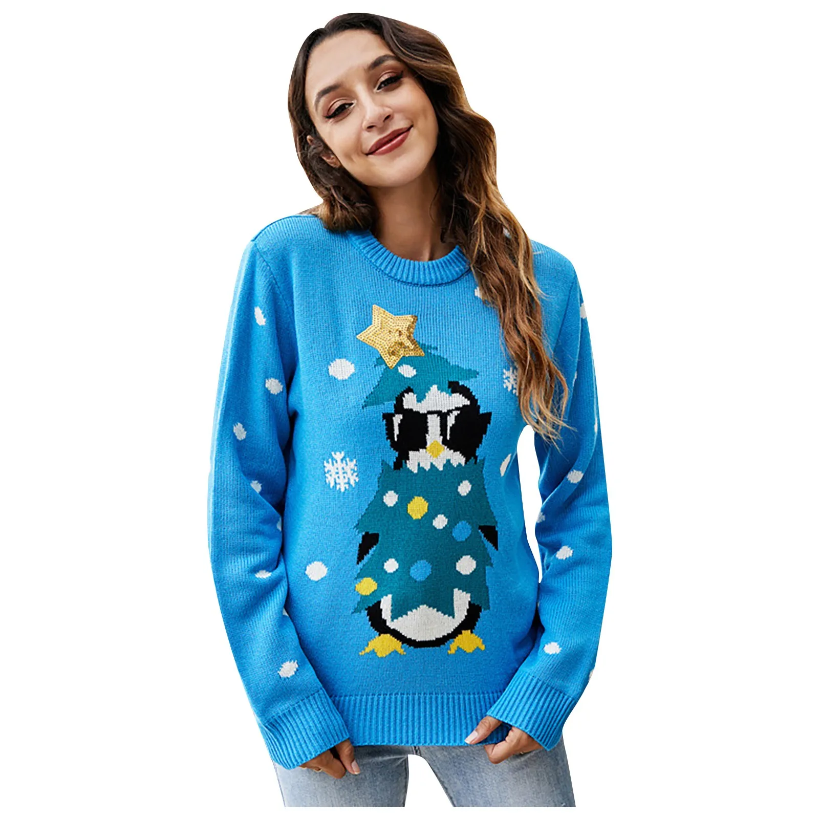 2024 Autumn Winter Women Funny Cute Cartoon Sequins Christmas Party Knitted Sweater Casual O Neck Long Sleeve Loose Tops Jumpers