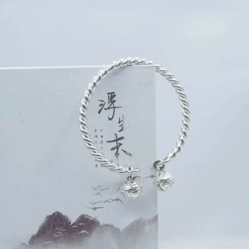 Twisted Wire Palace Ling Plated 925 Silver Bracelet for Men and Women, One Step, One Ring Bell Bracelet, Couple Accessories