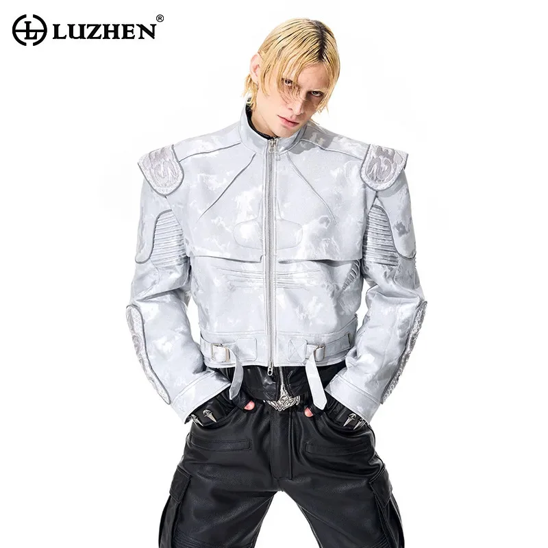 

LUZHEN 2025 осенняя новая уличная одежда, модная плиссированная кожаная куртка с вышивкой на плечи, мужская мотоциклетная одежда JY4919