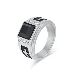 Men's Stainless Steel Shinny Zircon Gem Cross Ring