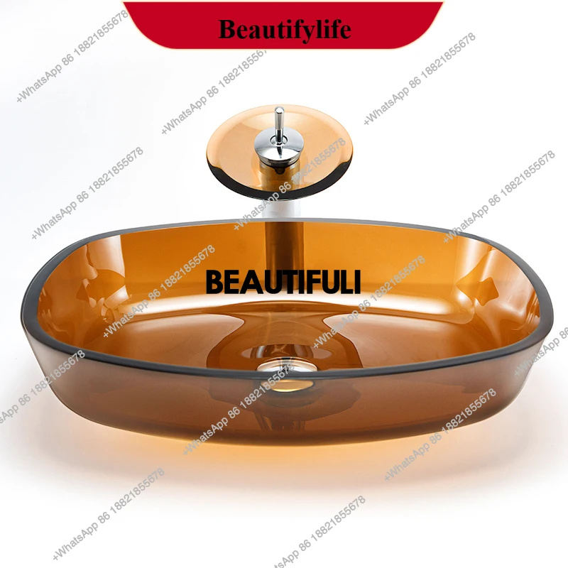 

F185 Tea colored transparent tempered glass countertop basin, simple household gray artistic washbasin, hotel blue wash basin