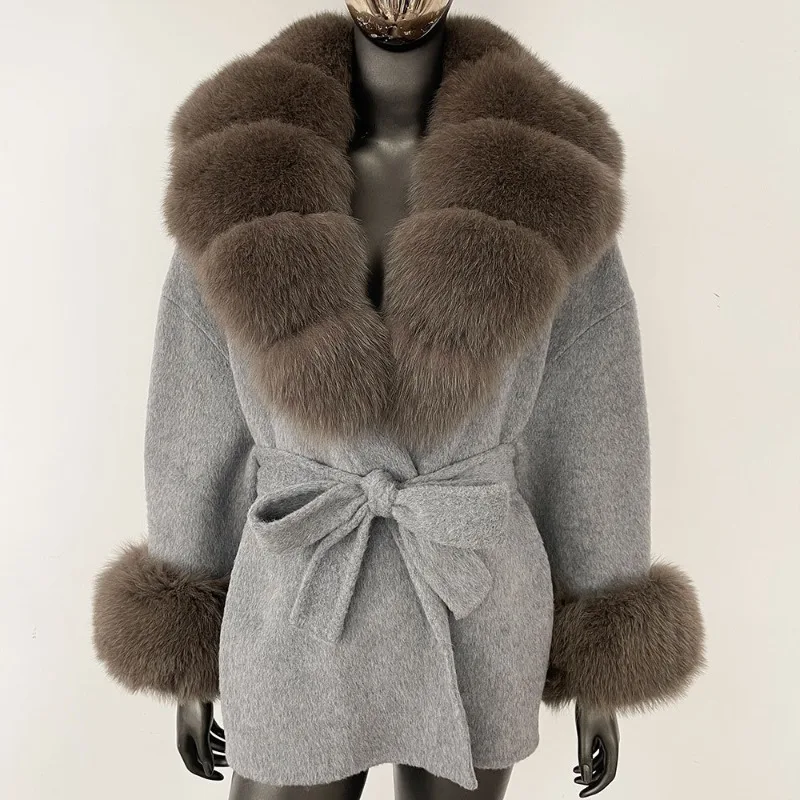 2026 High-quality Double-sided Cashmere Coat Women's Wool Overcoat Autumn Winter Fox Fur-collar Sashes Loose Woolen Outerwear