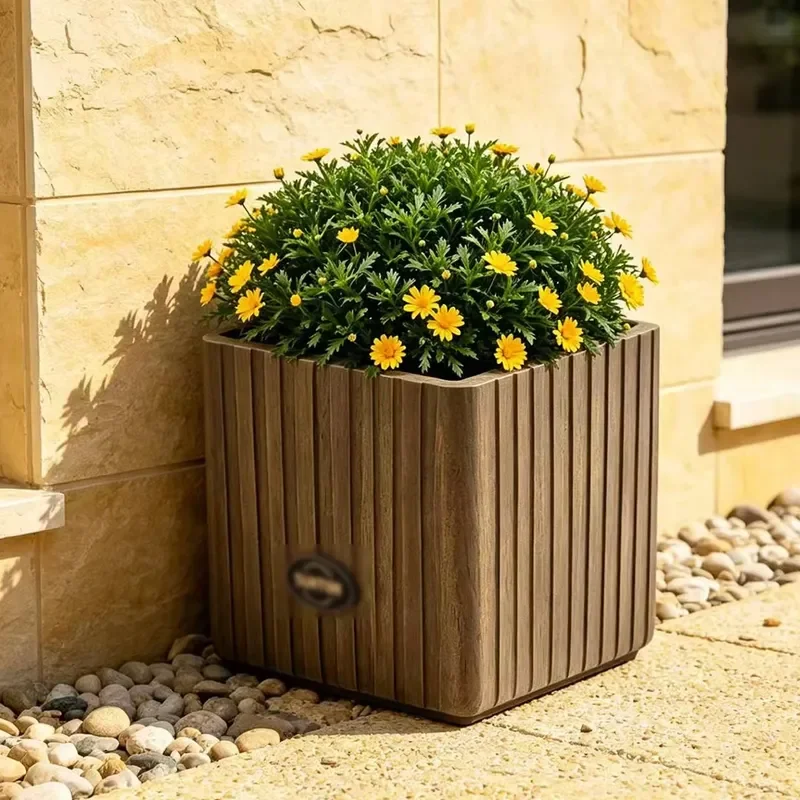 Cross-border Large-caliber Fiberglass Reinforced Plastic Flower Pots Faux Wood Grain; Available Custom Sizes Colors Indoor