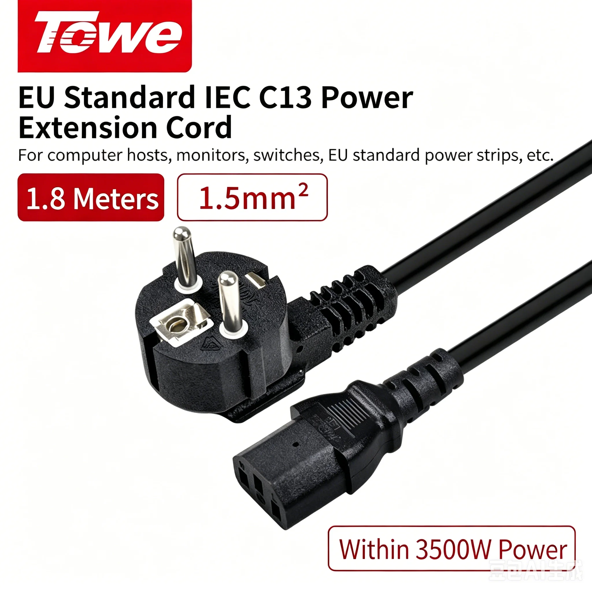 TOWE IEC C13 Power Cord US UK EU Plug Heavy Duty AC Power Cable for PC Monitor Printer UPS PDU Server Rack Cabinet Data Center