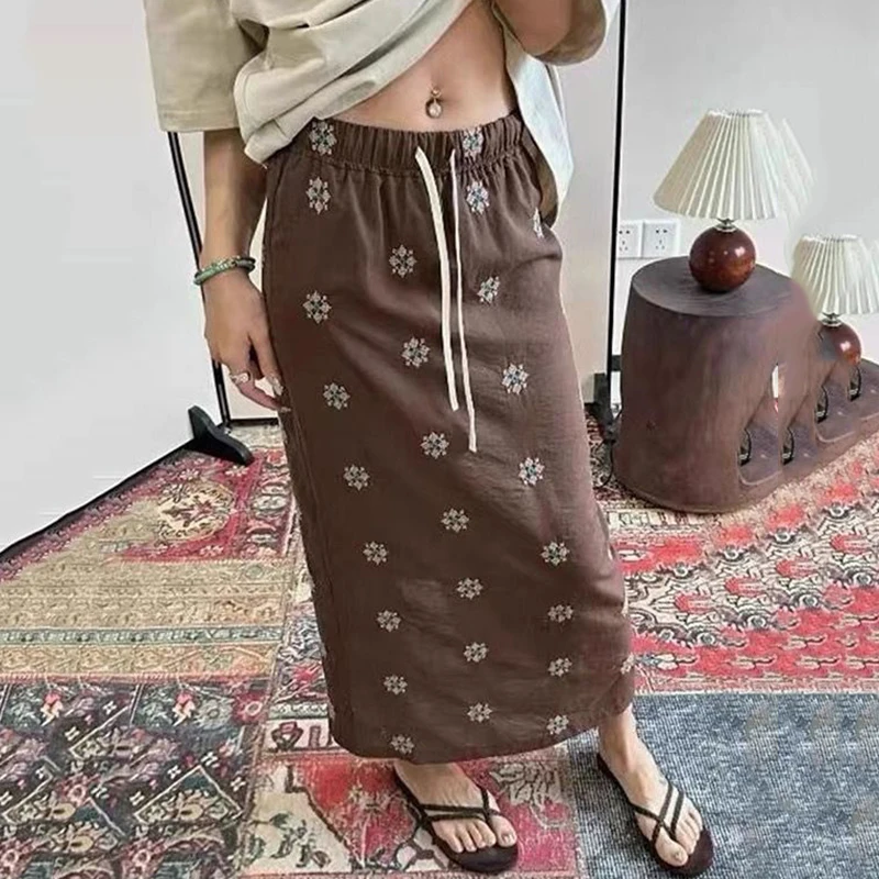 

Korean Chic Autumn Winter Sweet High Waist Versatile Bow Print Split Corduroy Skirt Long Skirts Mujer