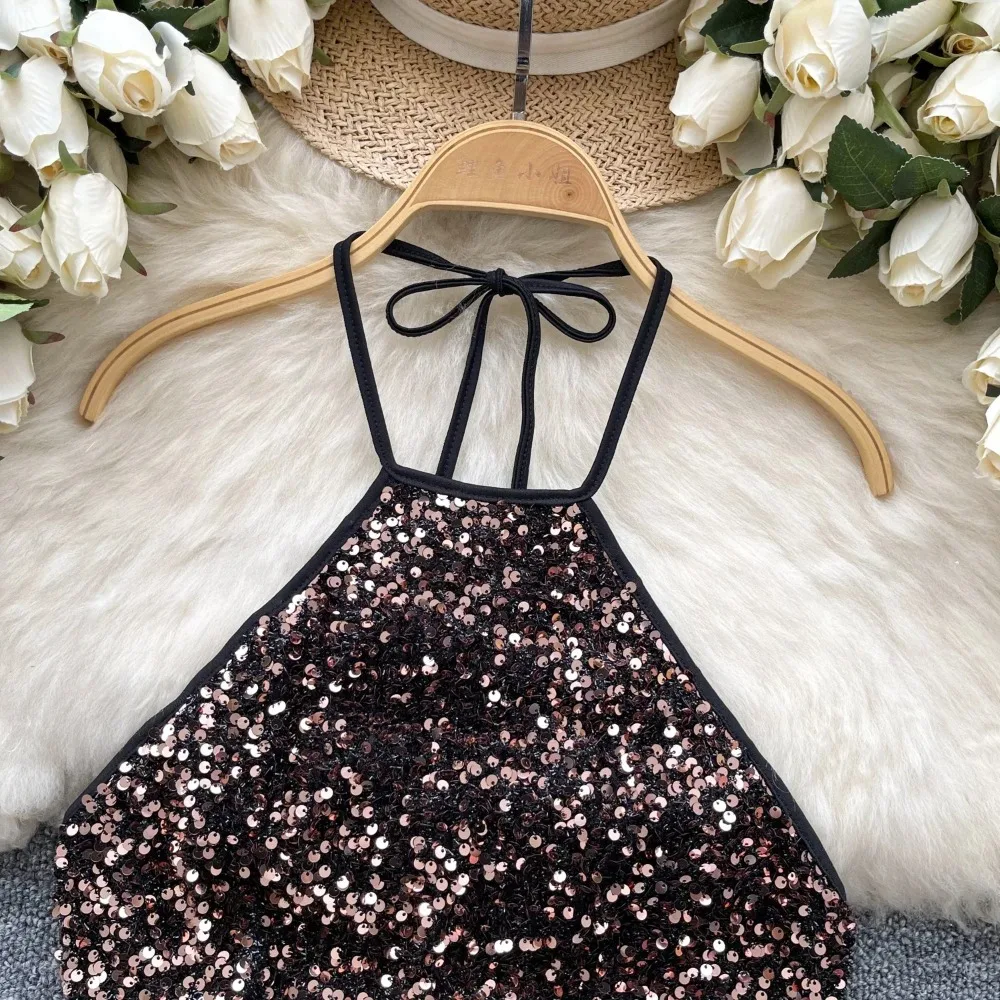 Women Chic Glitter halter PATCHWORK slip Camis Tank Top Basic Sexy Fashion Strap straps Off Shoulder Summer Women Crop Top